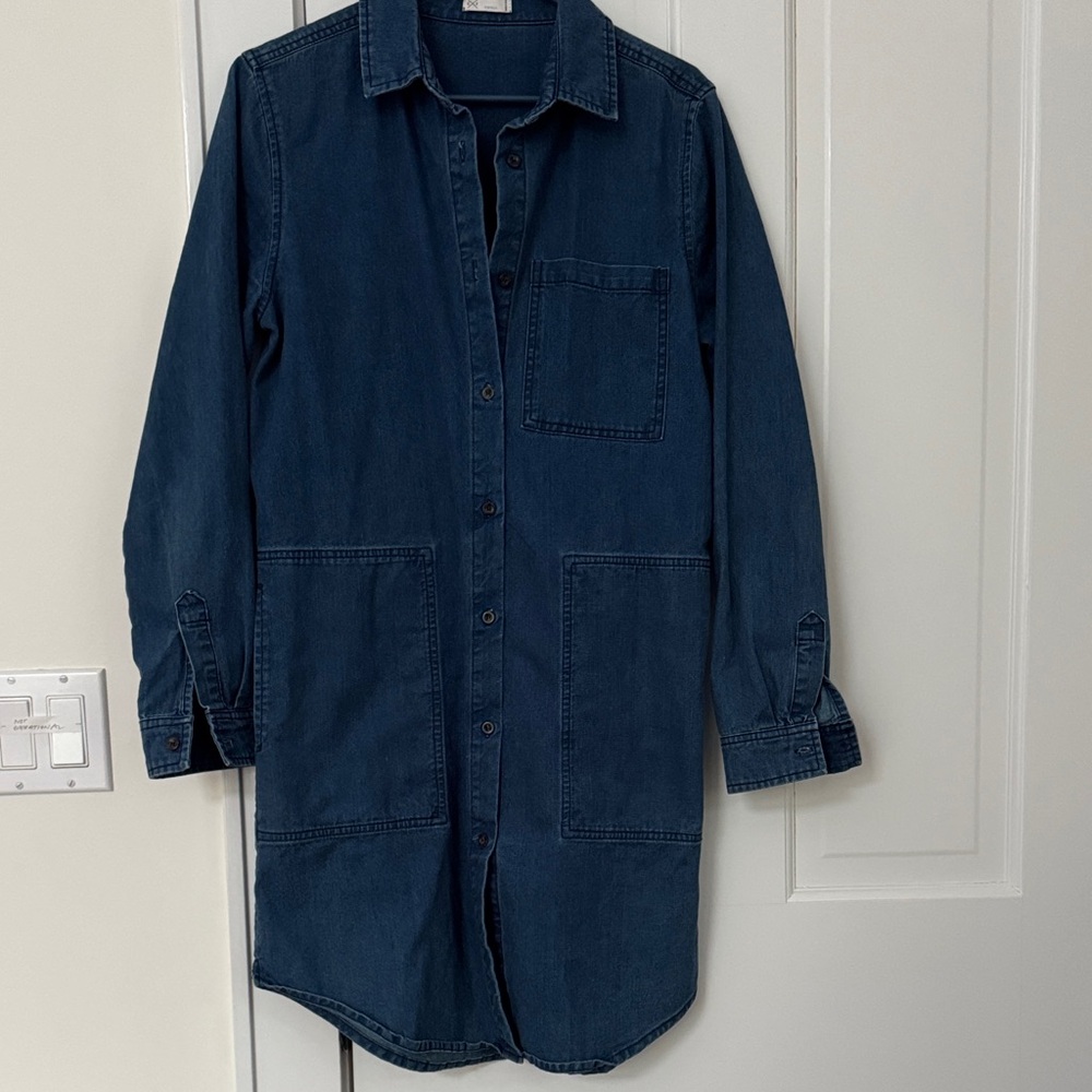 Dark Indigo Button-Front Long Sleeve Shirt Dress